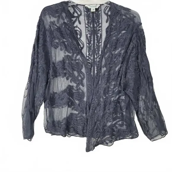 Sundance Sheer Floral Lace Mesh Cardigan Blue Boho Kimono Wrap Shrug Large - Picture 2 of 7